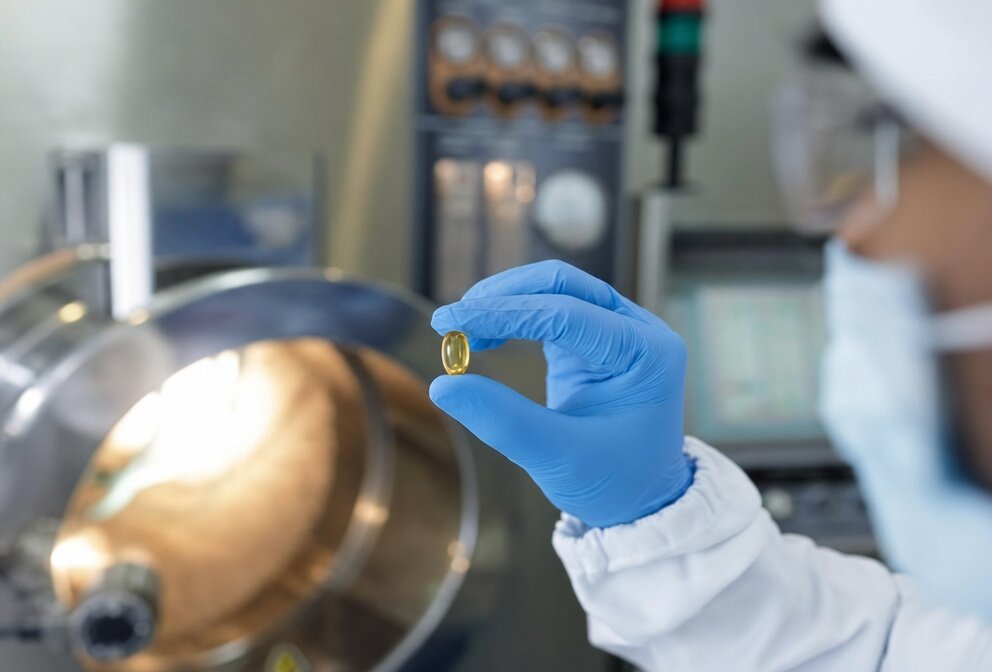 Technician inspecting a softgel during quality testing